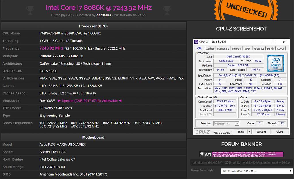 Intel Core i7 8086K Der8auer 7.24ghz 3