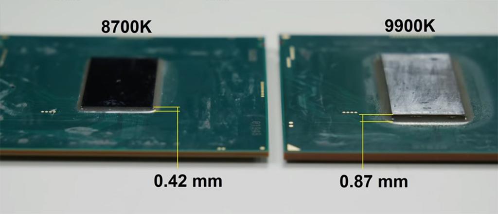 У процессоров Intel Coffee Lake Refresh более толстая подложка, и вдвое толще кристалл