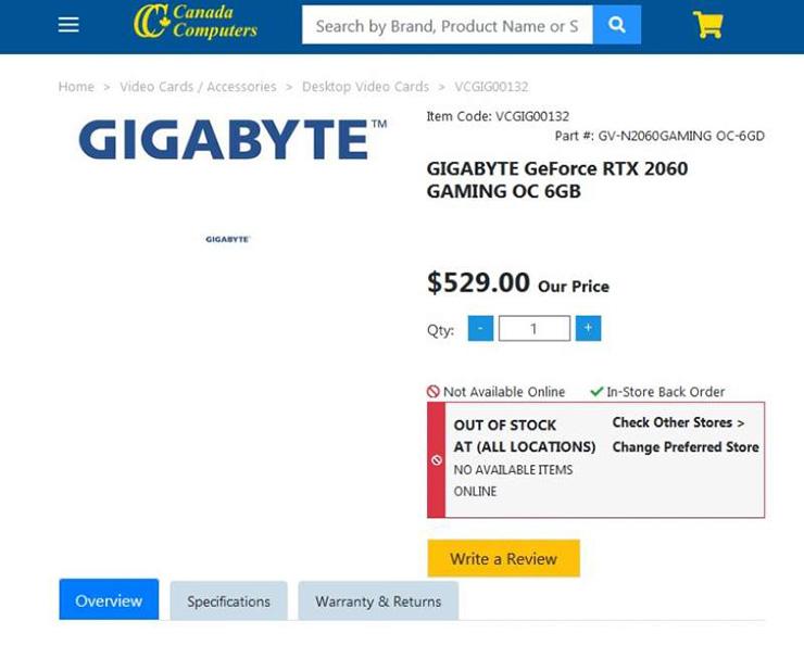 Канадский магазин рассекретил цену видеокарты Gigabyte GeForce RTX 2060 Gaming OC 6GB
