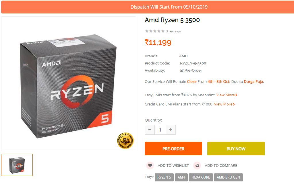Индийский ритейлер засветил цену и дату выхода AMD Ryzen 5 3500