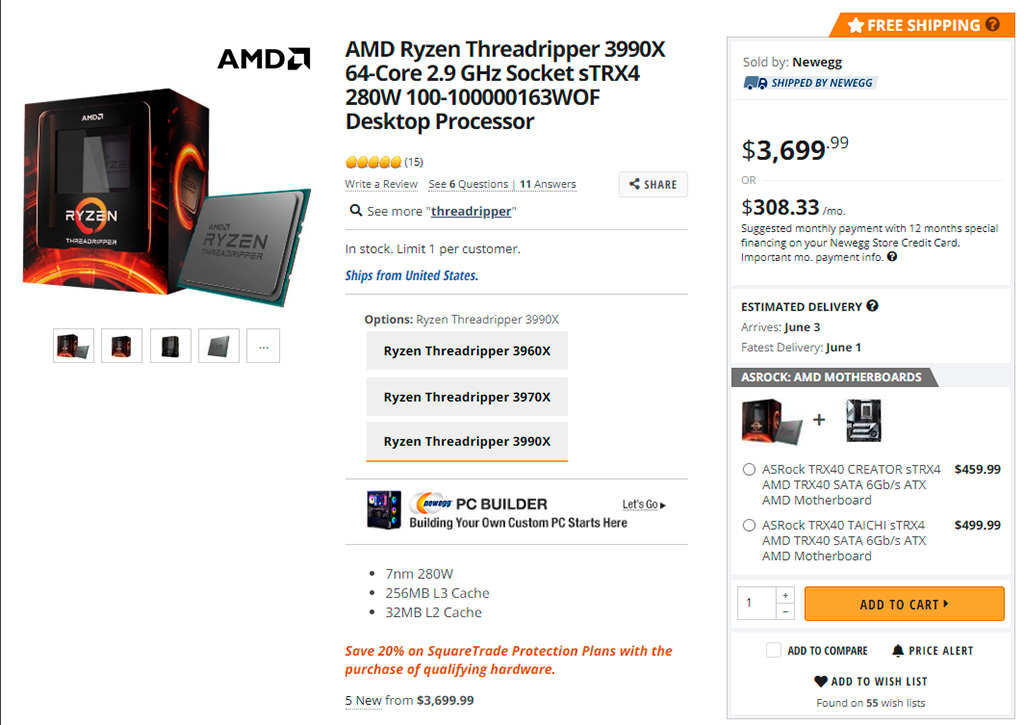 Странные дела: AMD Ryzen Threadripper 3990X подешевел на $540