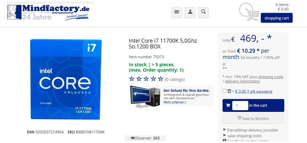 Немецкий ритейлер предлагает купить Intel Core i7-11700K