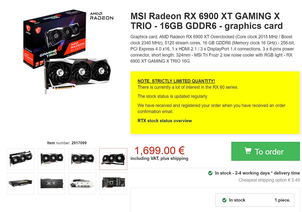 MSI Radeon RX 6900 XT Gaming X Trio оценивается в 1700 евро