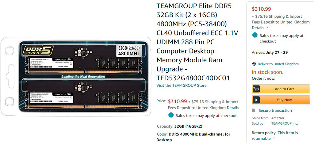 В продаже замечены комплекты оперативной памяти Team Elite DDR5-4800 2х 16 ГБ