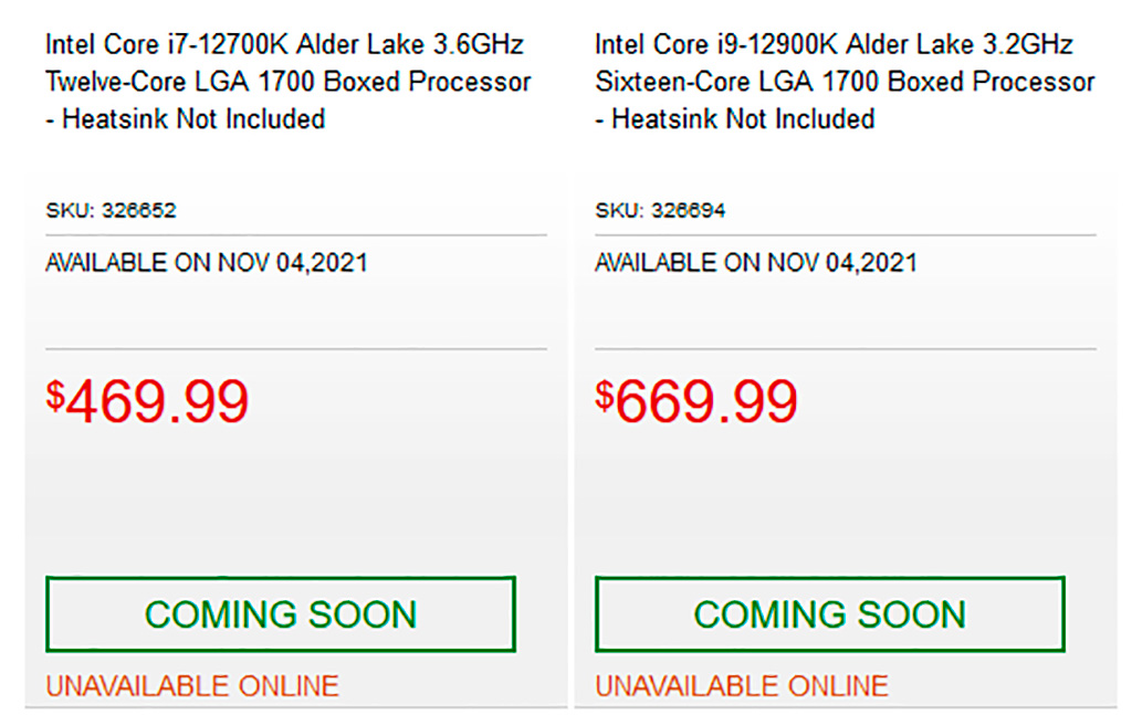 Стали известны американские цены Core i9-12900K и Core i7-12700K