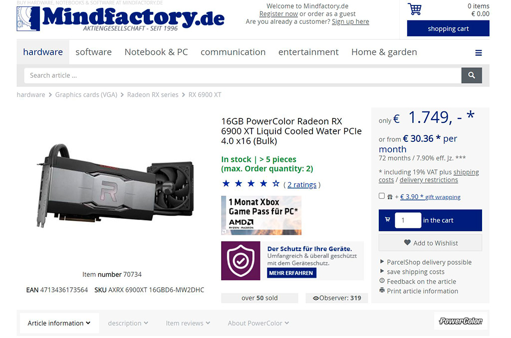 Топовая Radeon RX 6900 XT Liquid Cooled Edition поступила в продажу в Европе