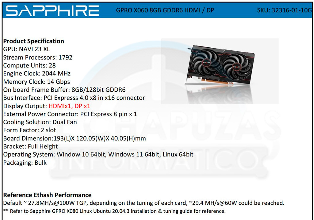 Стали известны характеристики и цены майнерских видеокарт Sapphire GPRO X080 и X060