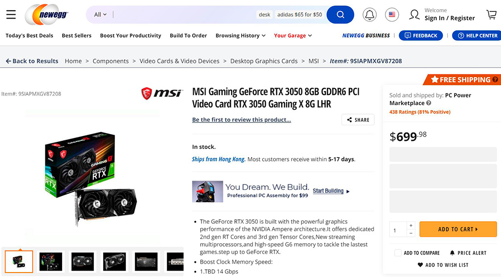 Реальные цены GeForce RTX 3050 стартуют от $450