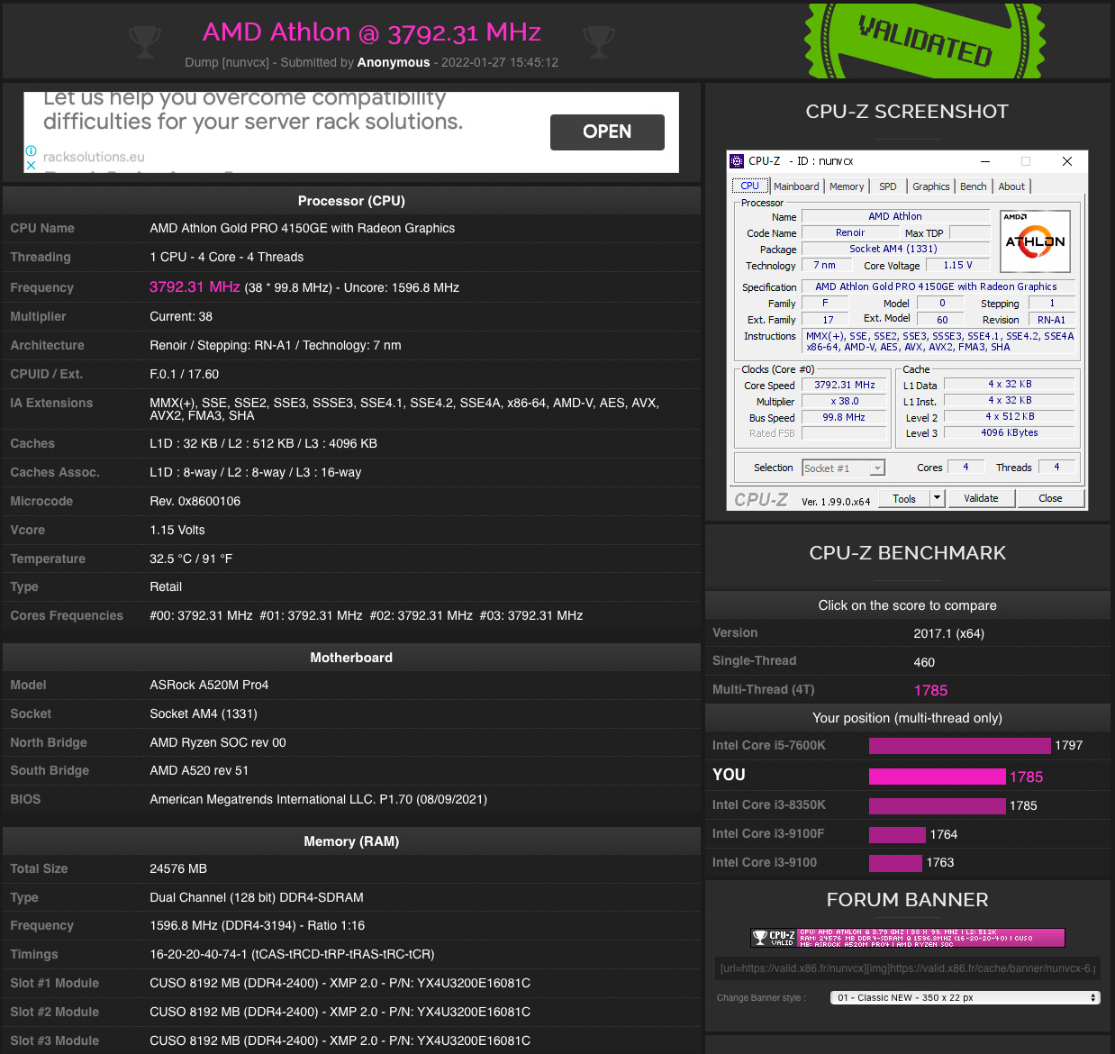 В бенчмарке CPU-Z процессор AMD Athlon Gold Pro 4150GE на уровне с Core i3-10100