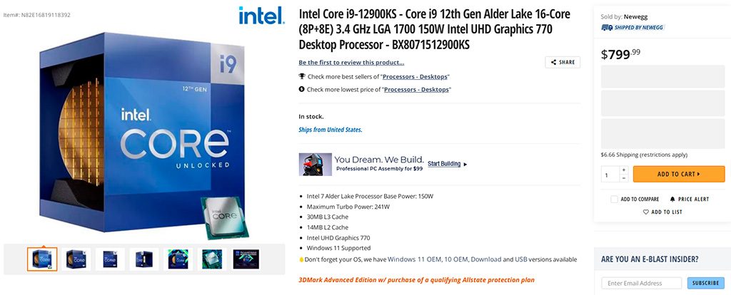 Core i9-12900KS стоит $800