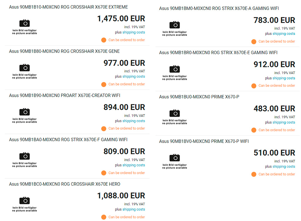 В Европе ценники плат ASUS X670 стартуют с ~500 евро