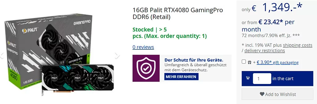 В Европе видеокарта GeForce RTX 4080 уже продаётся дешевле рекомендованной цены