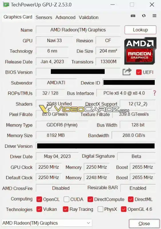 Скриншот GPU-Z подтвердил характеристики AMD Radeon RX 7600