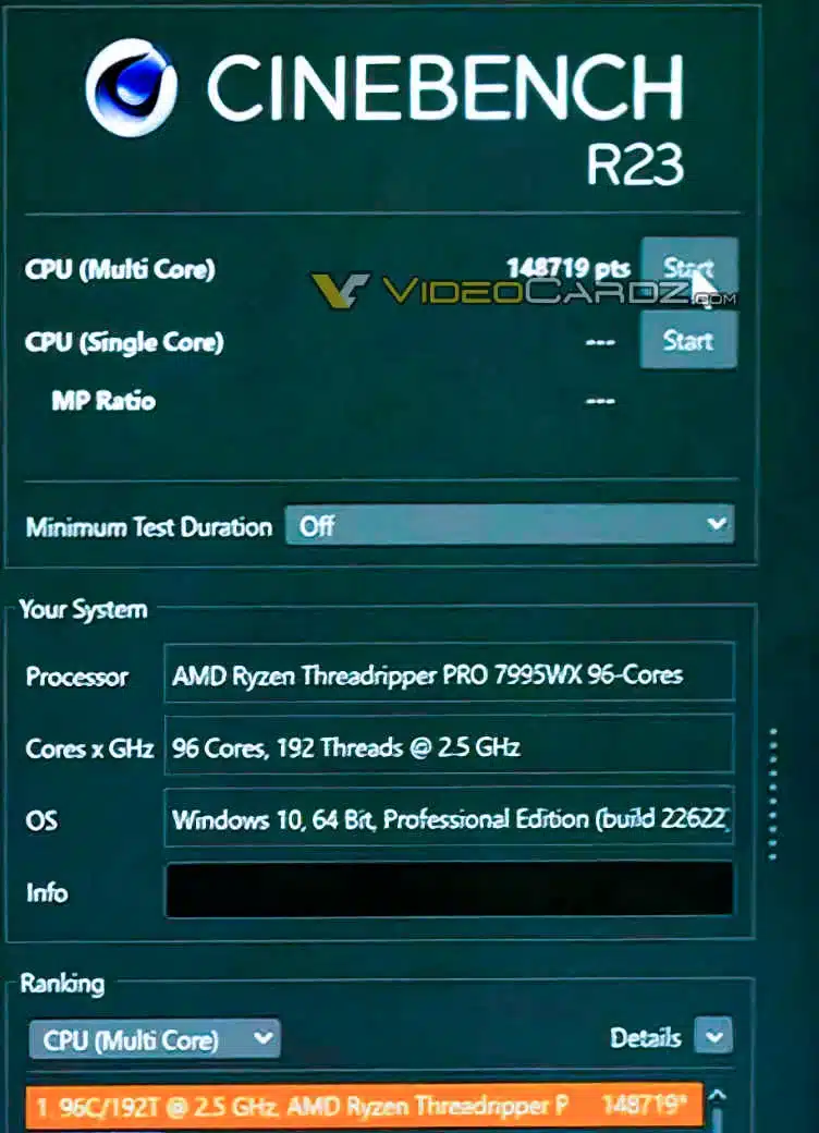 AMD Ryzen Threadripper PRO 7995WX набрал почти 150 тыс баллов в Cinebench R23